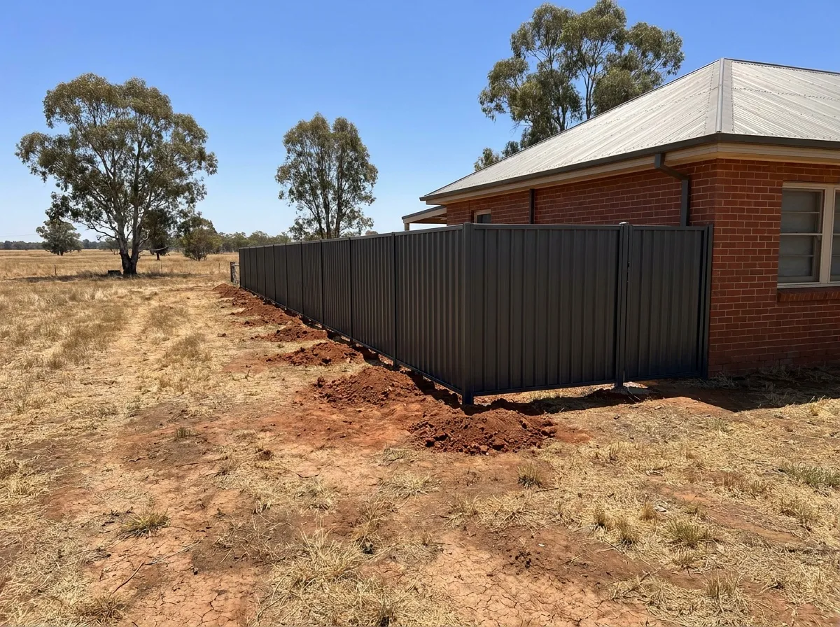 New dark grey Colorbond steel fence along the side boundary of a brick home