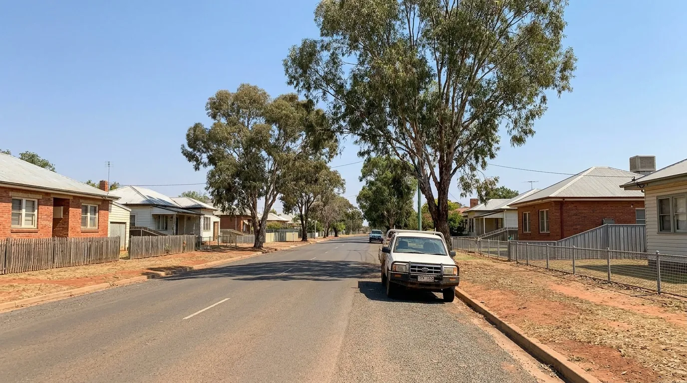 Quiet residential street of single-storey homes with low front fences
